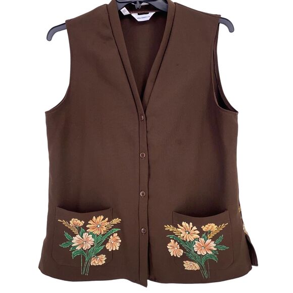 Vintage Levis Strauss 70s Floral Painted Jeweled Vest Brown Polyester Size 38 M - Picture 1 of 9